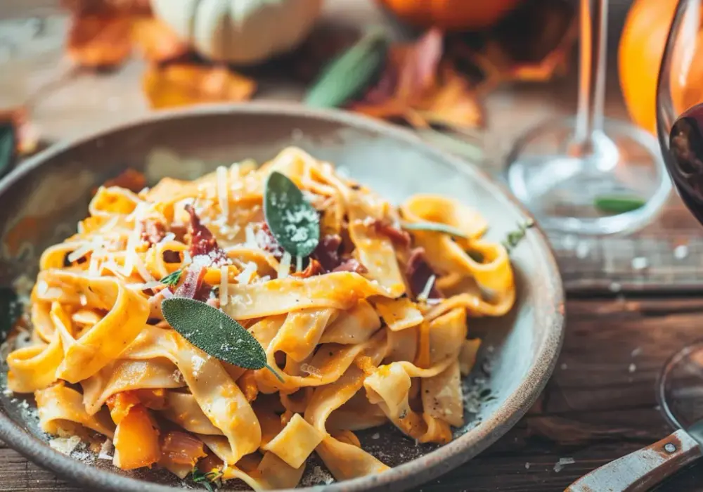 Makaron z dynią, szynką parmeńską, szałwią i serem gorgonzola