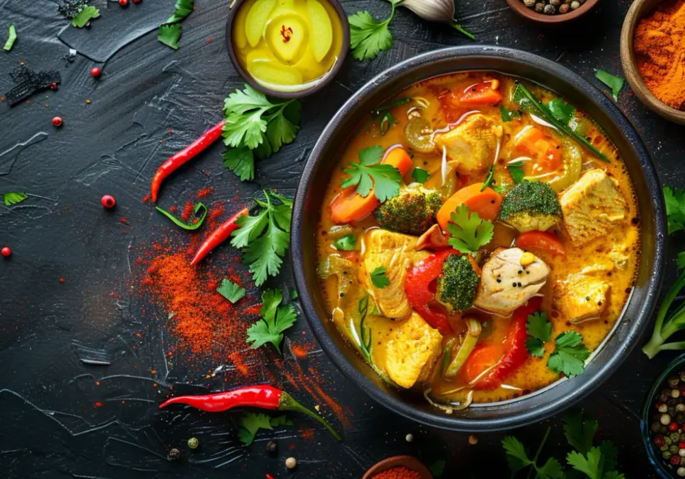 Zupa curry z kurczakiem, warzywami i mleczkiem kokosowym