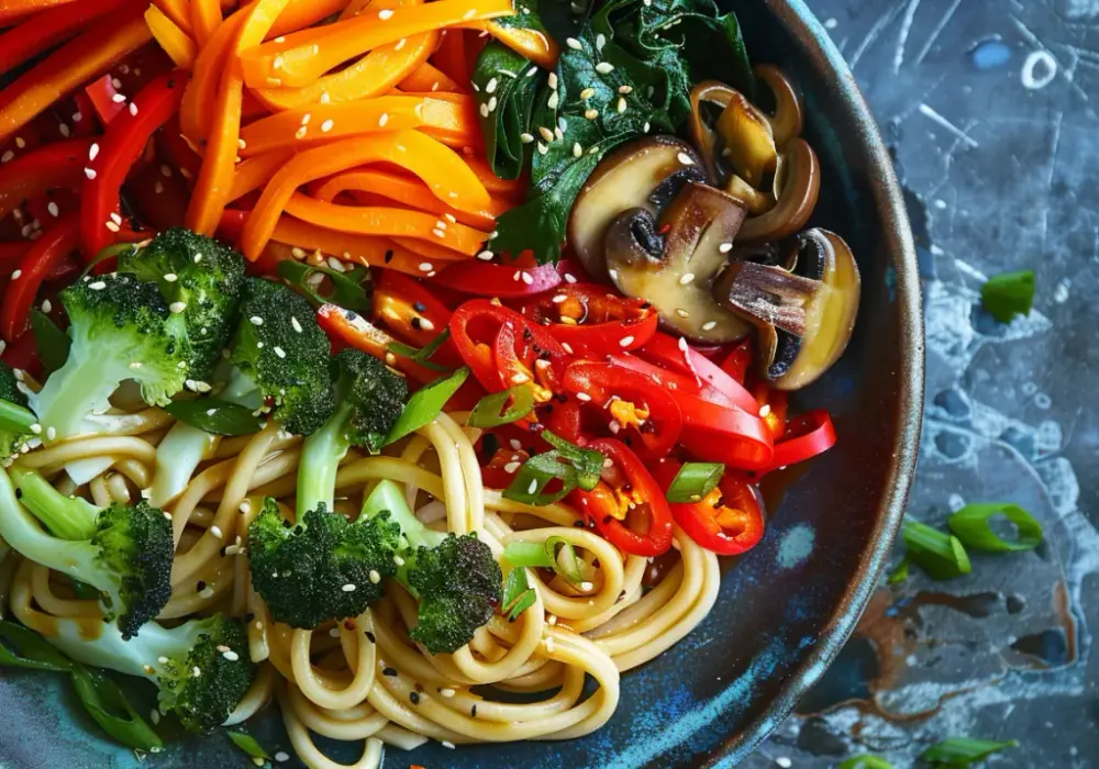 Makaron udon z warzywami, grzybami mun, sosem sojowym i chili