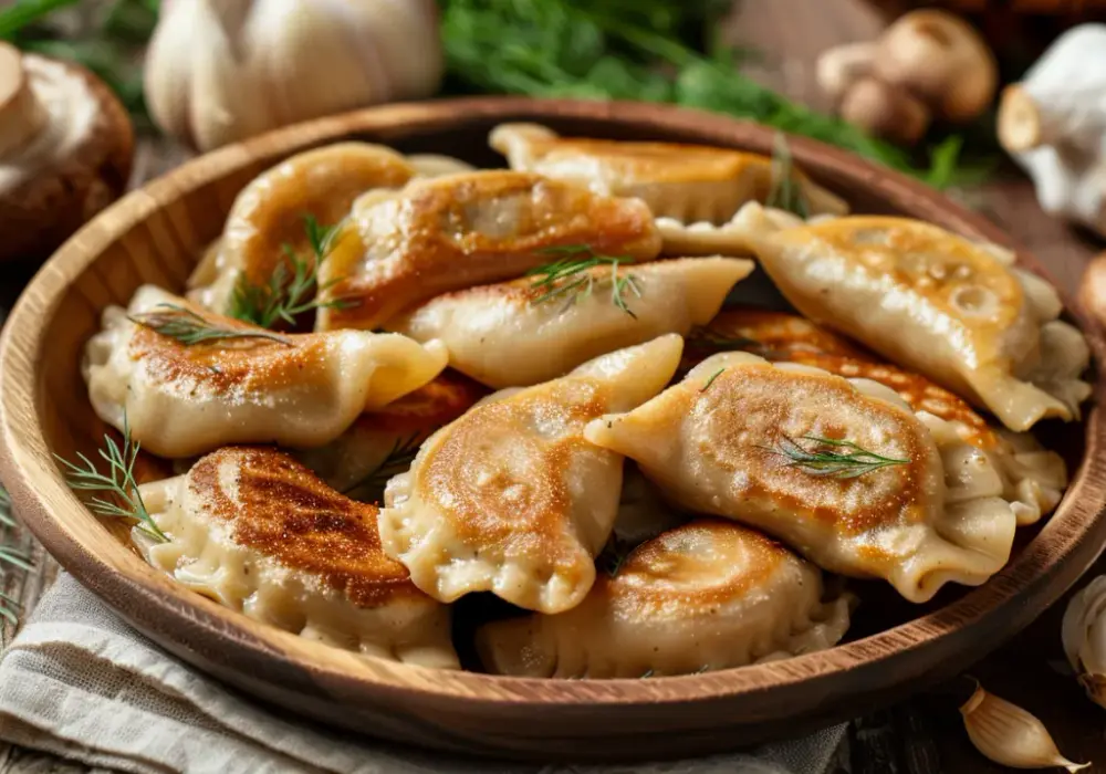 Pierogi z kaszą gryczaną, pieczarkami i cebulą