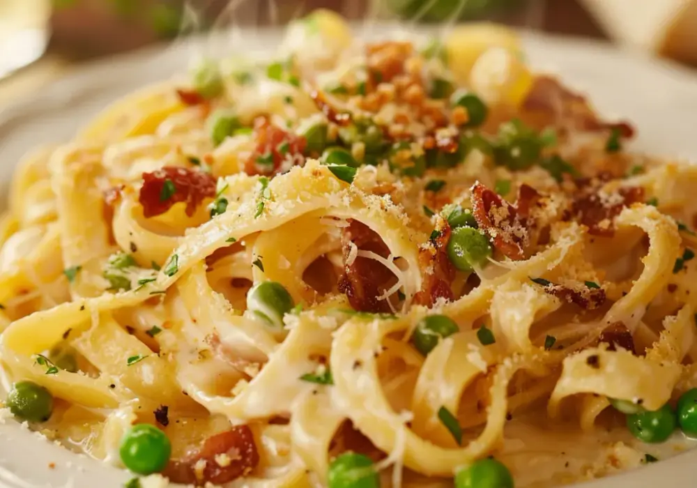 Tagliatelle w sosie śmietanowym z boczkiem i zielonym groszkiem