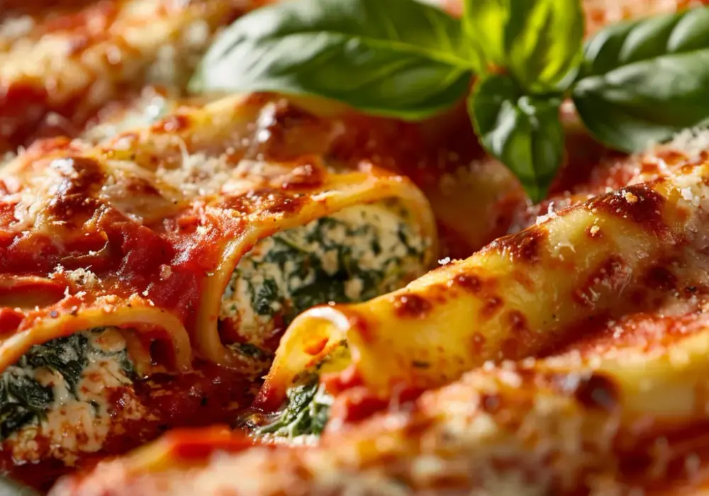 Cannelloni ze szpinakiem, ricottą, sosem pomidorowym i bazylią
