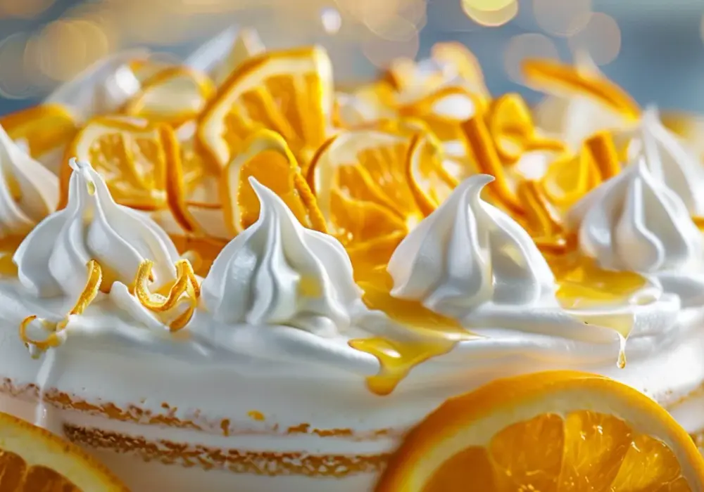 Tort pomarańczowy z bezą, kremem waniliowym i kandyzowaną skórką