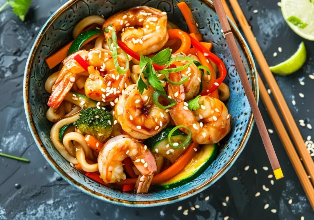 Makaron udon z krewetkami, warzywami, sosem ostrygowym i sezamem