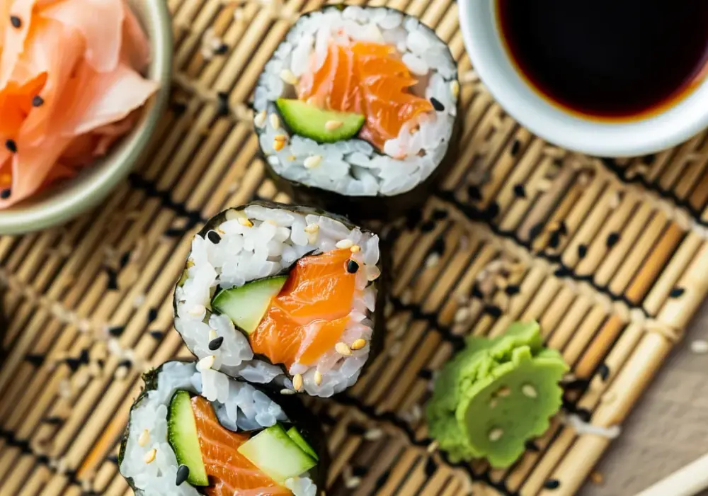 Domowe sushi z łososiem, awokado, ogórkiem i wasabi