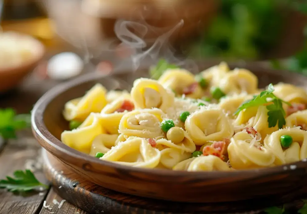 Tortellini w sosie śmietanowym z boczkiem i zielonym groszkiem