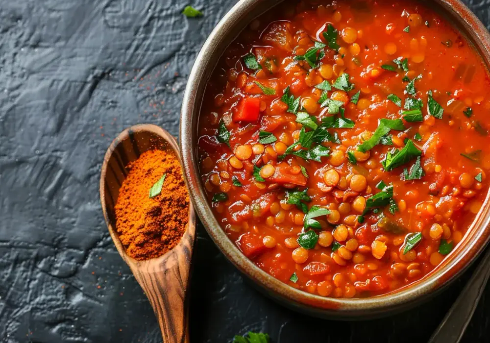 Przepis na zupę wegetariańską z soczewicą, pomidorami i curry