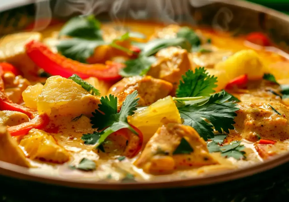 Kurczak w curry z ananasem, papryką, mlekiem kokosowym i kolendrą