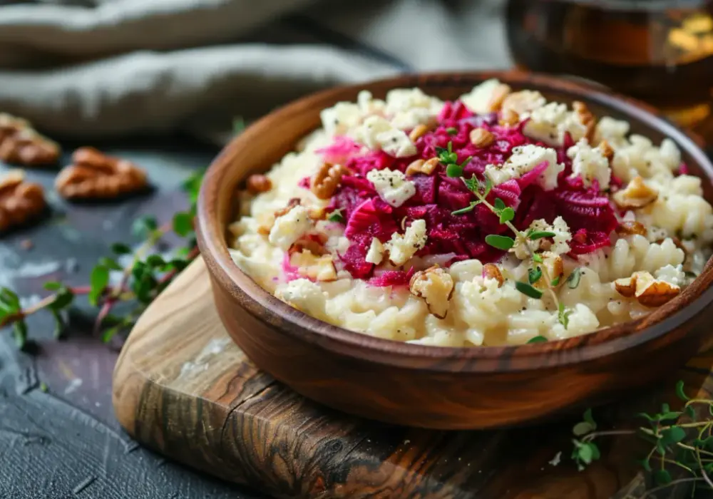 Risotto z burakiem, serem kozim i orzechami włoskimi