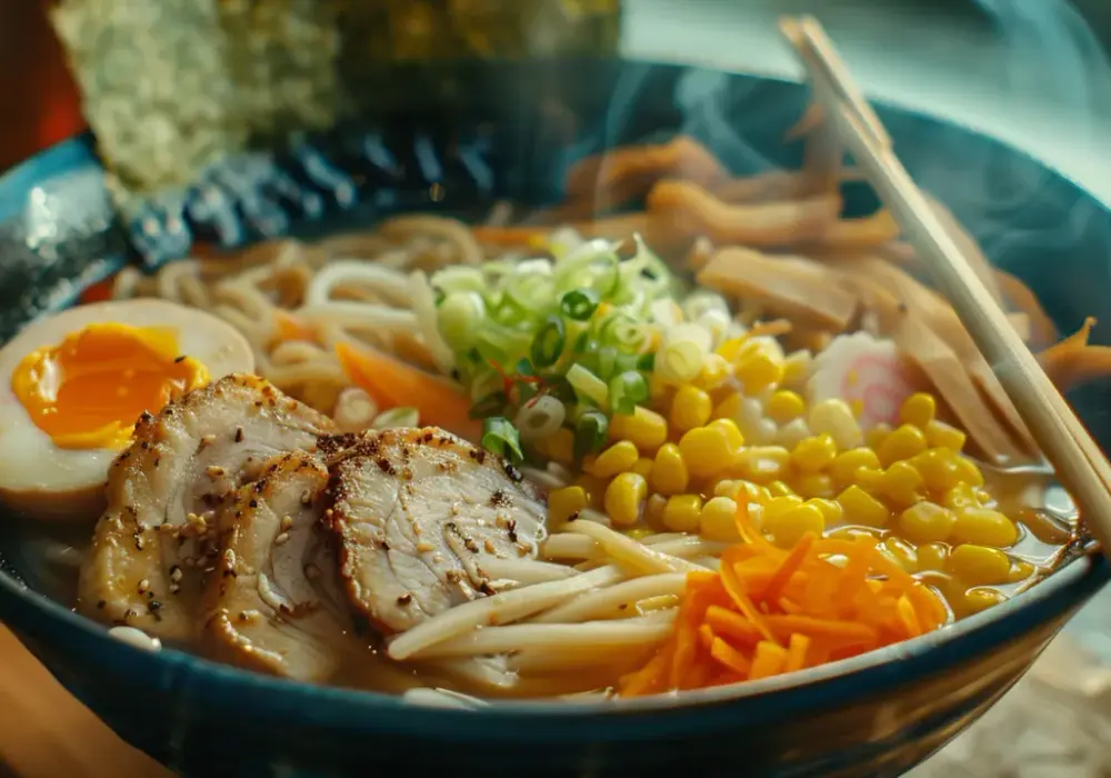 Ramen shoyu z makaronem, jajkiem, wieprzowiną i warzywami