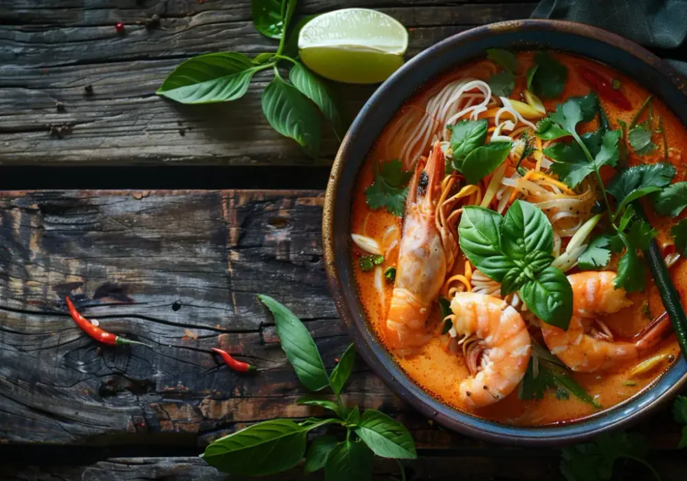Laksa - zupa z krewetkami, makaronem ryżowym, mlekiem kokosowym i trawą cytrynową