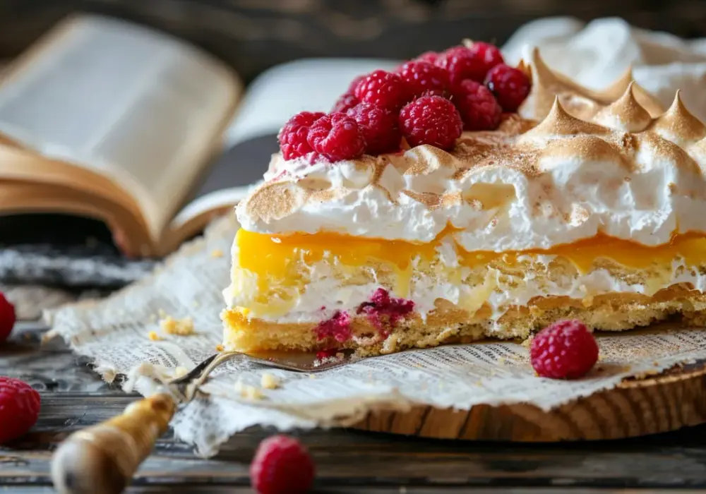 Ciasto z kremem budyniowym, świeżymi malinami i bezą