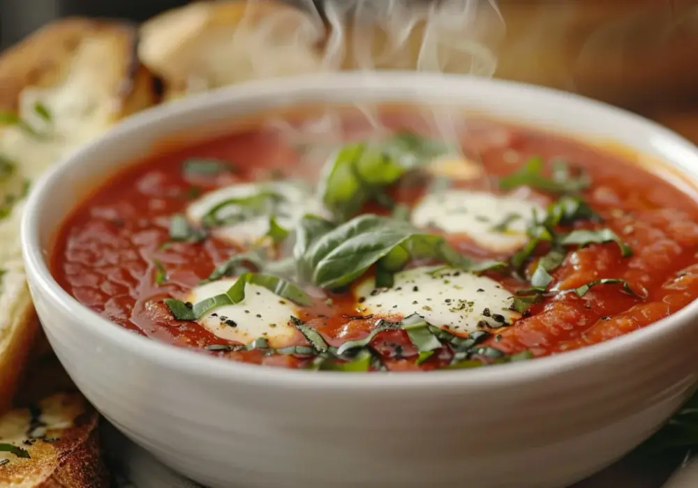 Zupa pomidorowa z mozzarellą, bazylią i grzankami