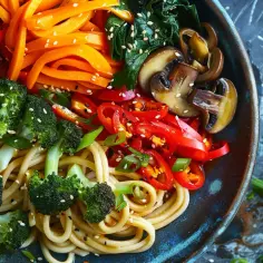 Makaron udon z warzywami, grzybami mun, sosem sojowym i chili