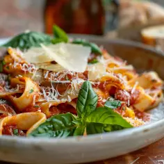 Makaron z sosem pomidorowym, parmezanem, bazylią i oliwą z oliwek