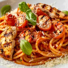 Pesto czerwone z makaronem spaghetti, kurczakiem i pomidorami