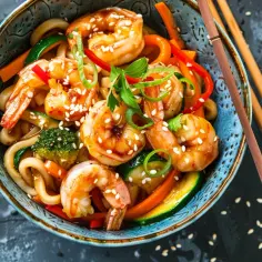 Makaron udon z krewetkami, warzywami, sosem ostrygowym i sezamem