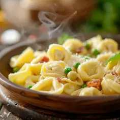 Tortellini w sosie śmietanowym z boczkiem i zielonym groszkiem