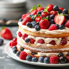 Tort biszkoptowo-bezowy z owocami i lekkim kremem