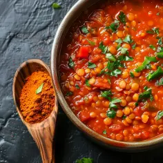 Przepis na zupę wegetariańską z soczewicą, pomidorami i curry