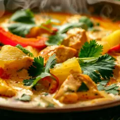 Kurczak w curry z ananasem, papryką, mlekiem kokosowym i kolendrą
