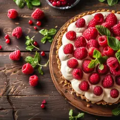 Tarta z białą czekoladą, malinami i bezą