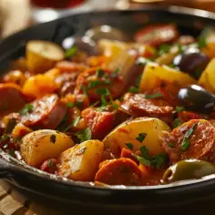Hiszpański gulasz z chorizo, ziemniakami i oliwkami