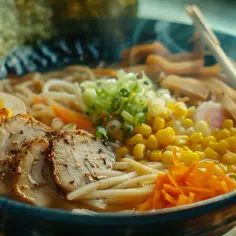 Ramen shoyu z makaronem, jajkiem, wieprzowiną i warzywami