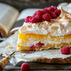 Ciasto z kremem budyniowym, świeżymi malinami i bezą