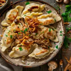 Pierogi z kapustą kiszoną, grzybami i mięsem mielonym