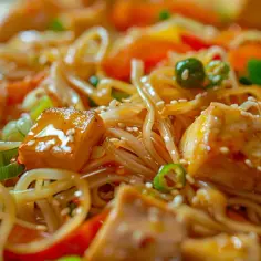 Makaron ryżowy z warzywami, tofu, sosem sojowym i olejem sezamowym