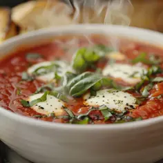 Zupa pomidorowa z mozzarellą, bazylią i grzankami