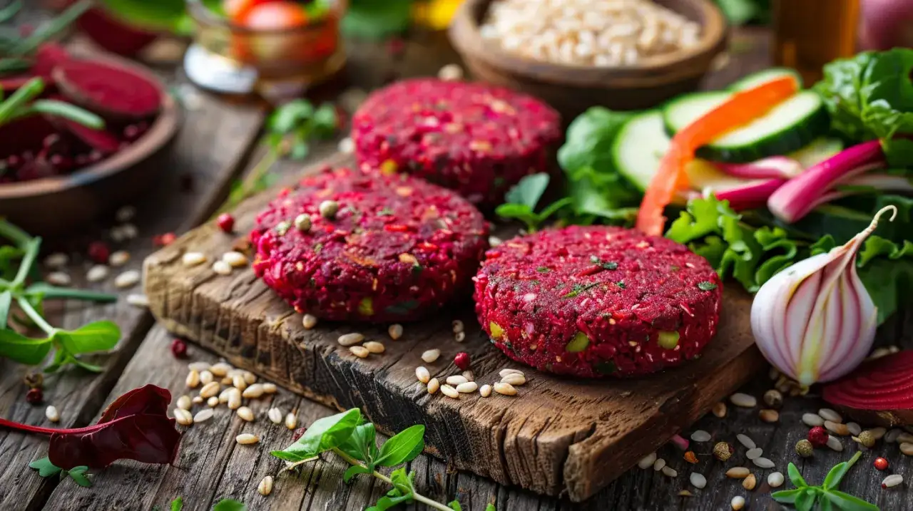 Zdjęcie Wegetariański obiad: kotlety z buraka, kasza i surówka