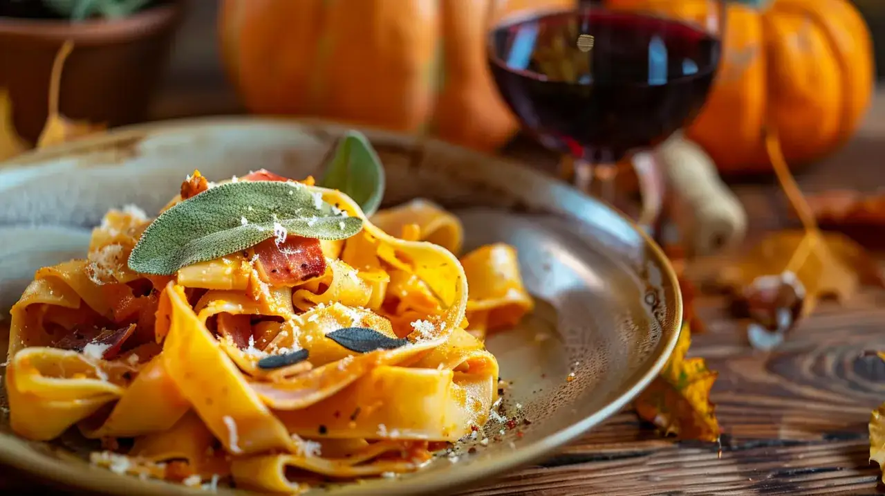 Zdjęcie Makaron z dynią, szynką parmeńską, szałwią i serem gorgonzola
