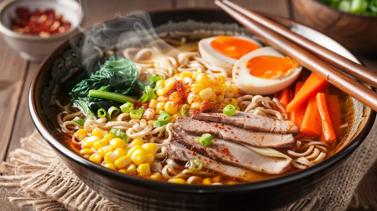 Zdjęcie Ramen shoyu z makaronem, jajkiem, wieprzowiną i warzywami