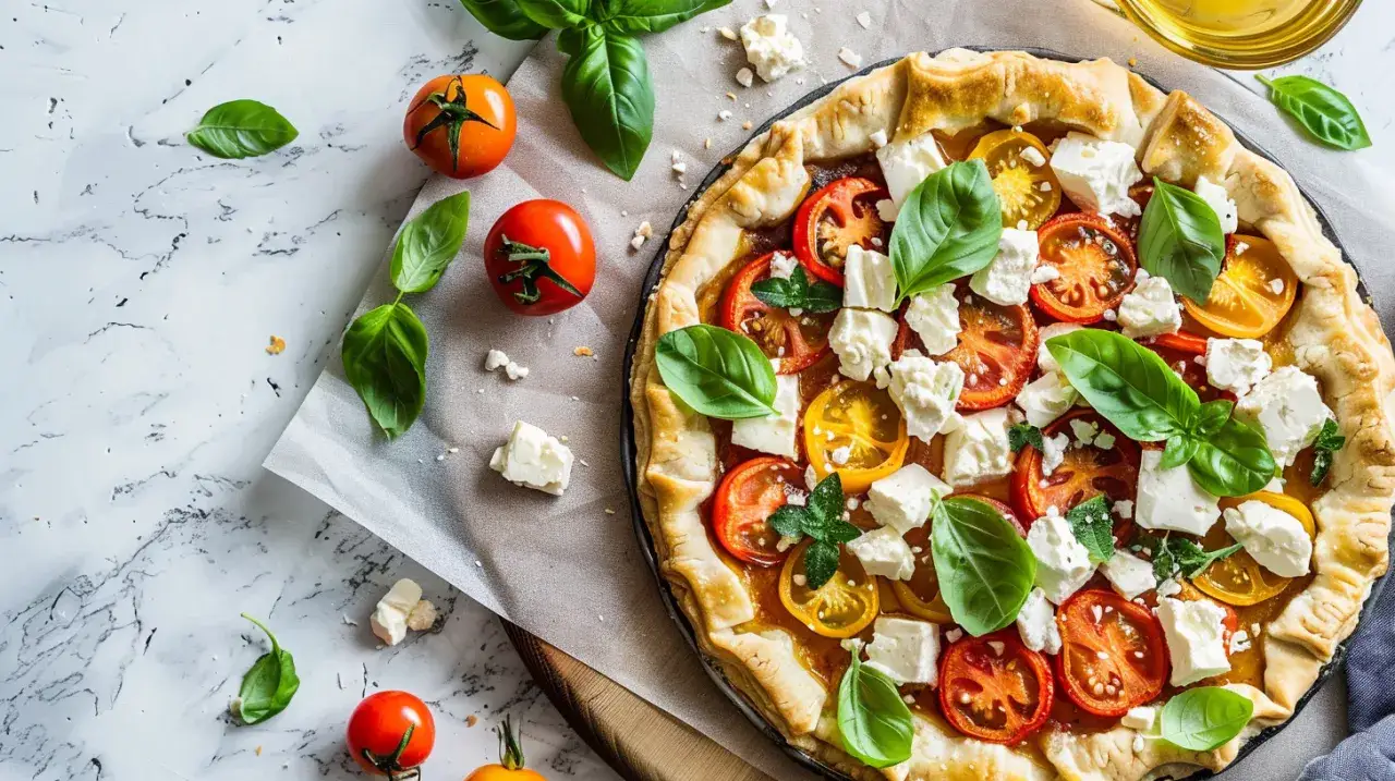Zdjęcie Tarta z warzywami, fetą, pomidorami i bazylią