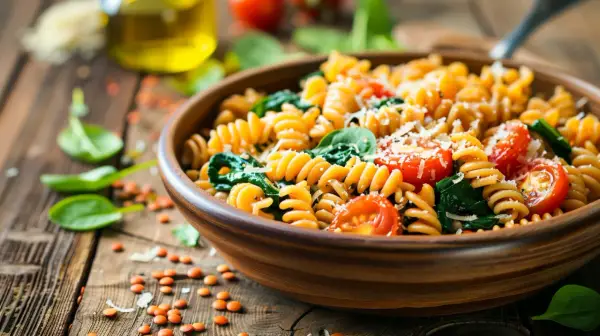 Makaron z soczewicą, pomidorami, szpinakiem i parmezanem
