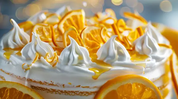 Tort pomarańczowy z bezą, kremem waniliowym i kandyzowaną skórką